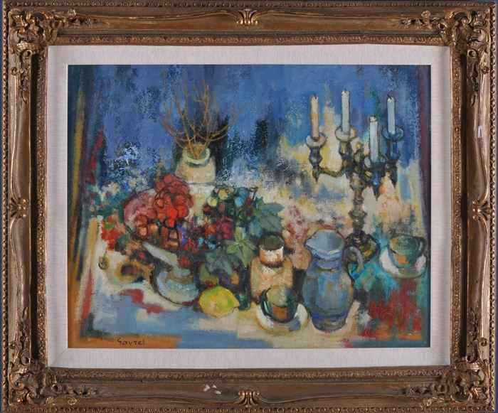 Appraisal: GENEVI VE GAVREL - STILL LIFE WITH CANDELABRUM Oil on