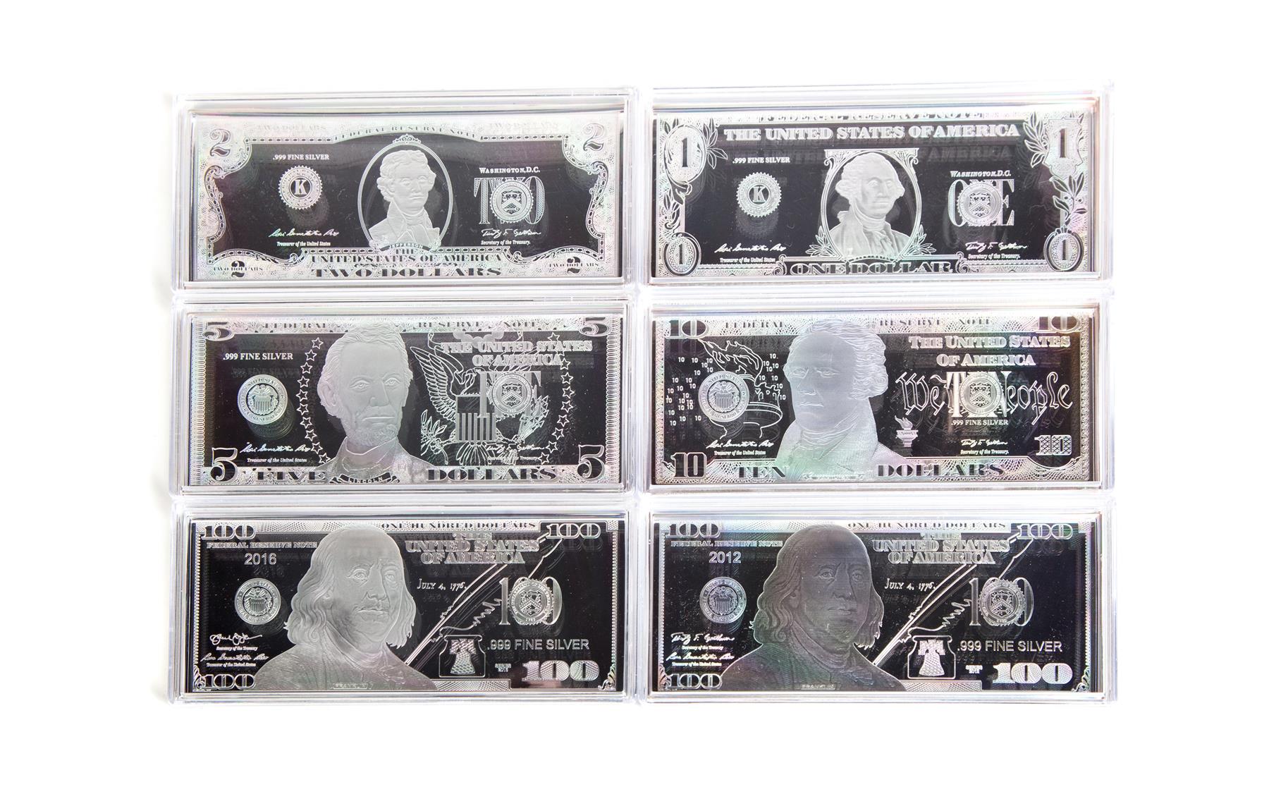 Appraisal: SIX WASHINGTON MINT SILVER PROOF BILLS Set of four bills