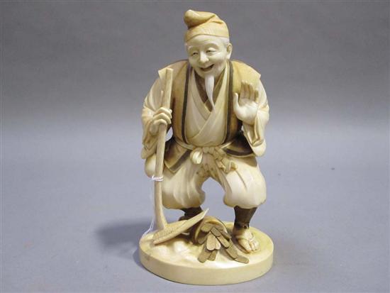 Appraisal: JAPANESE BROWN PAINTED IVORY OKIMONO OF CHUCKLING BEARDED FARMER th