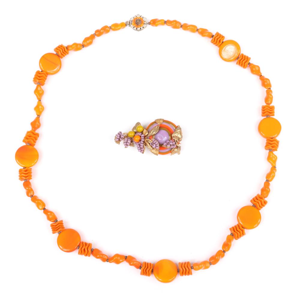 Appraisal: MIRIAM HASKELL ORANGE POURED GLASS NECKLACE WITH TWISTED BEADS AND