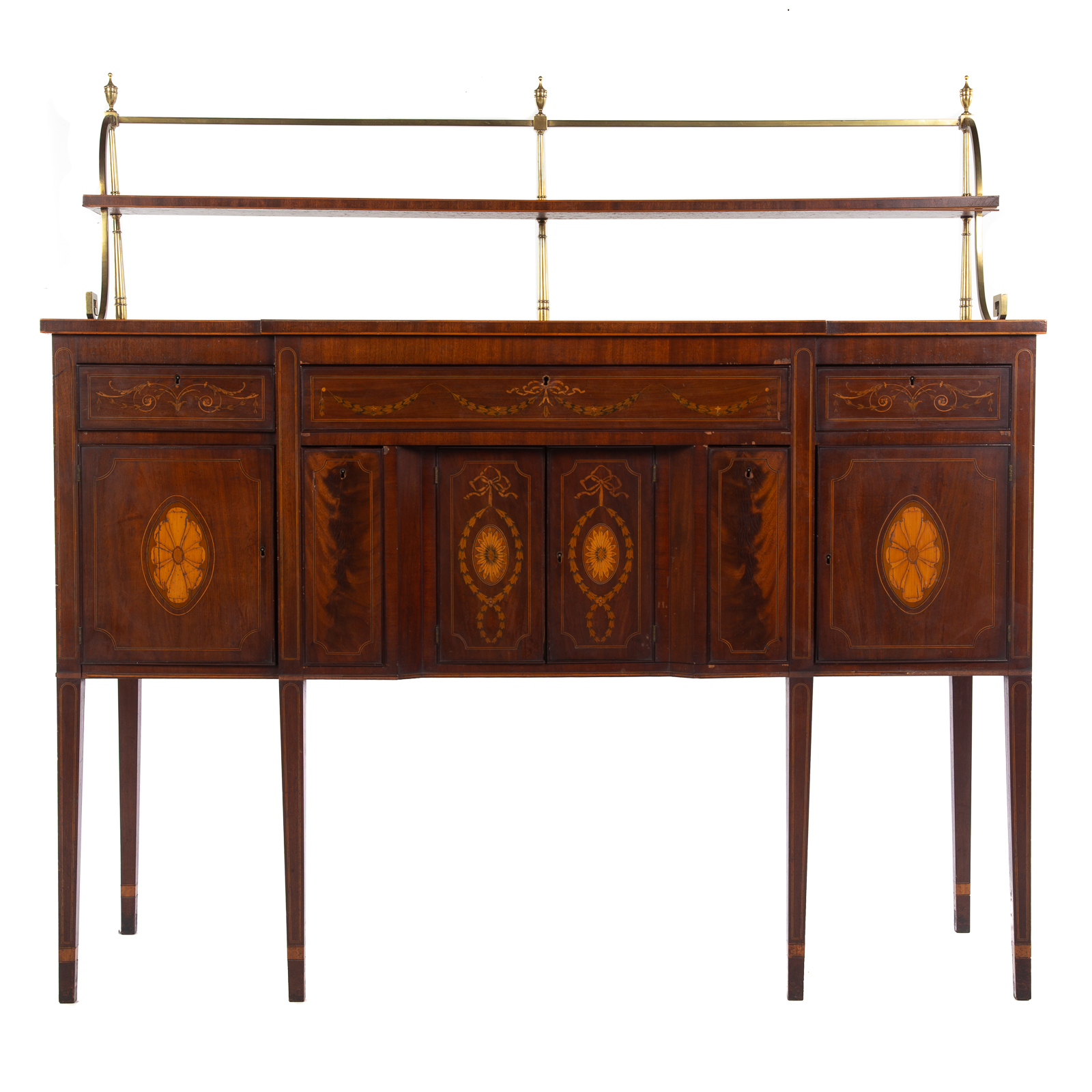 Appraisal: EDWARDIAN INLAID MAHOGANY SIDEBOARD Circa with shaped front and brass