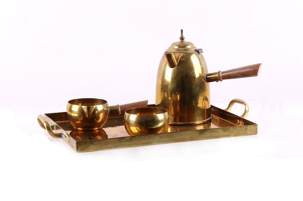 Appraisal: Brass Tea Kettle Serving Tray Set c 's For your