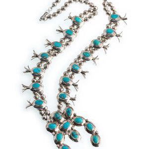 Appraisal: Navajo Silver and Turquoise Squash Blossom Necklace second half th