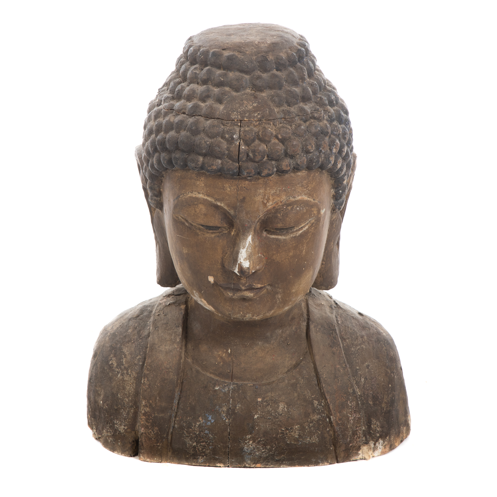 Appraisal: LARGE CHINESE CARVED WOOD BUST OF BUDDHA Early th century