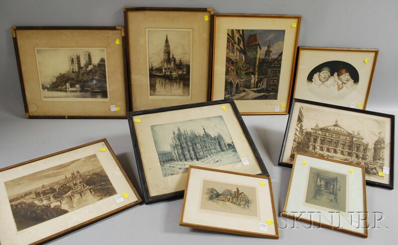 Appraisal: Nine Assorted Framed Etchings and Prints including European views and