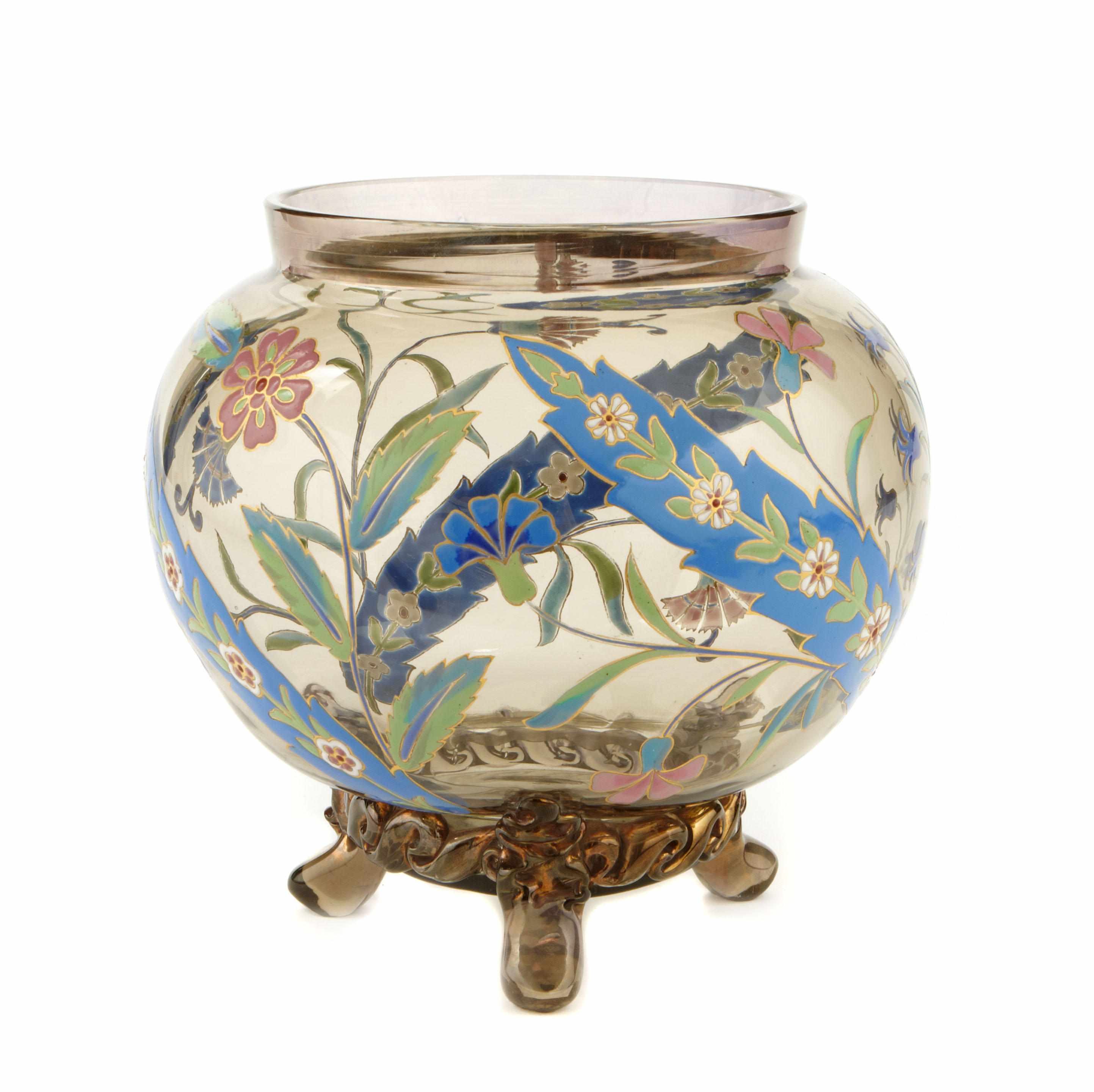 Appraisal: An enameled decorated topaz glass footed globular vase circa possibly