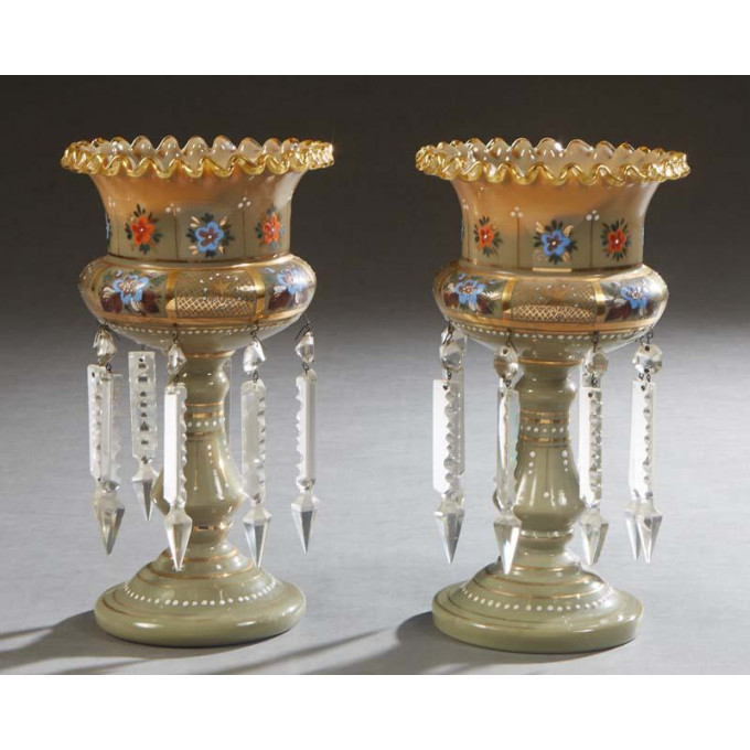 Appraisal: Pair of Enameled and Gilt Decorated Prism Hung Glass Lusters