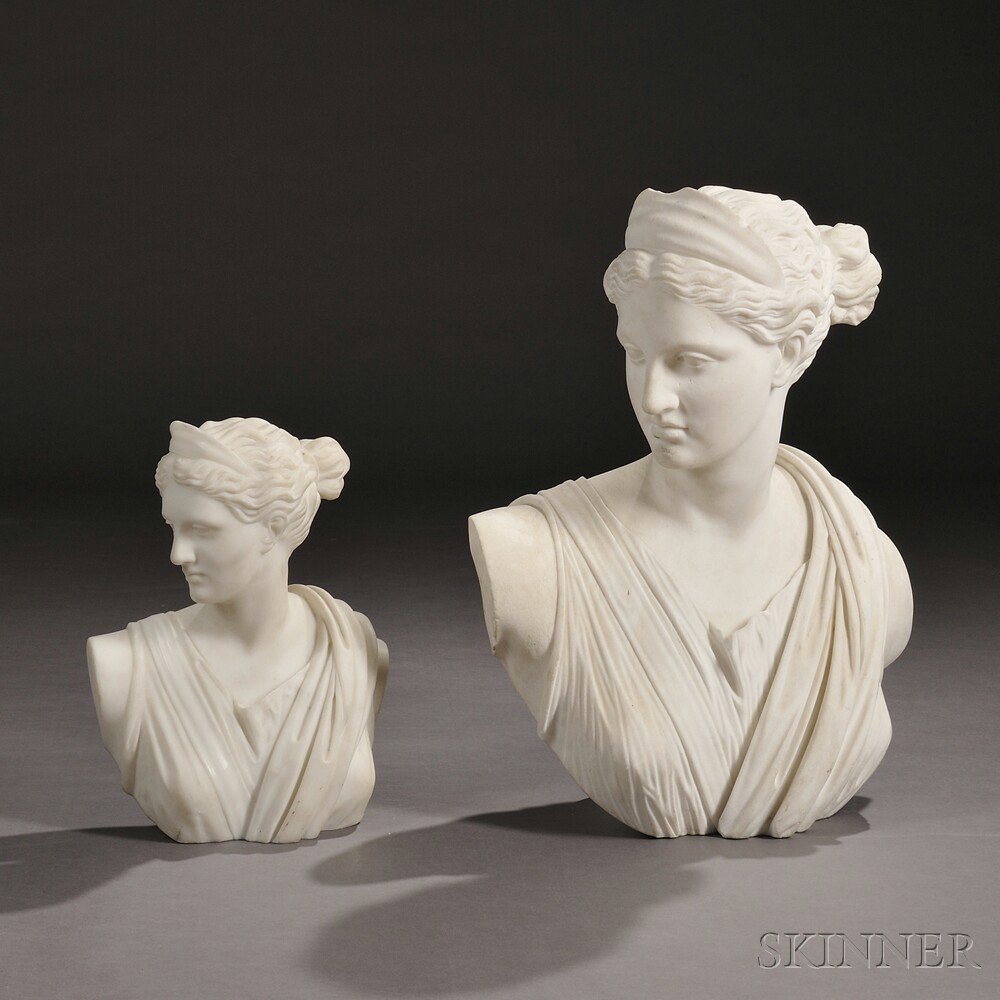 Appraisal: Italian School th Century Two White Marble Busts of Diana