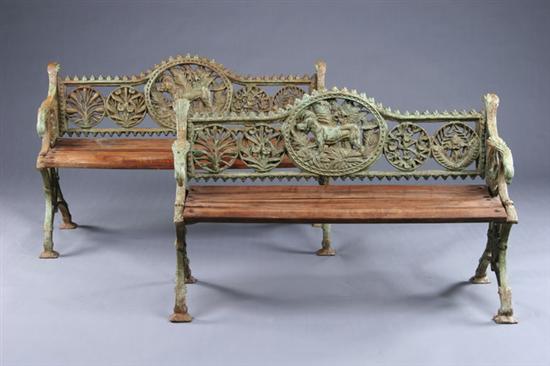 Appraisal: PAIR VICTORIAN STYLE CAST-IRON GARDEN BENCHES th century teak wood