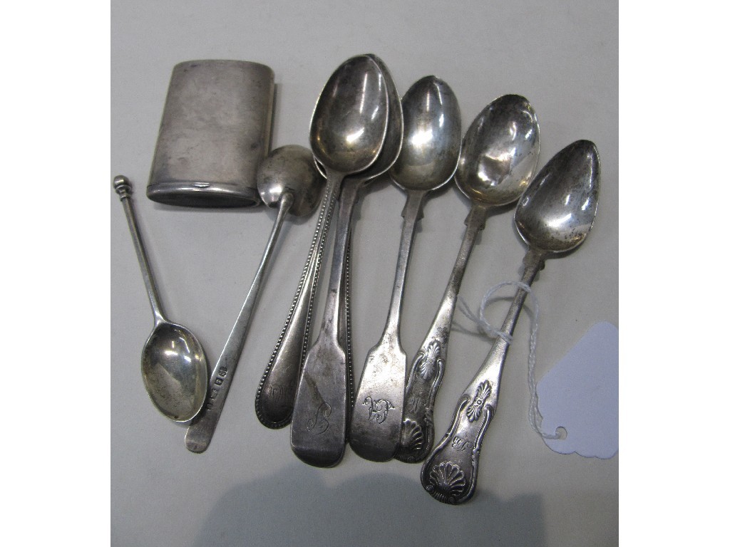 Appraisal: Lot comprising assorted silver spoons and a slide-action vesta