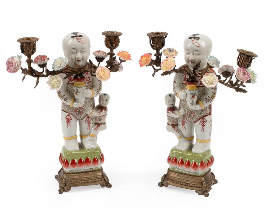 Appraisal: Pair of Chinese Famille Verte Bronze-Mounted Porcelain Figural Two-Light Candelabra