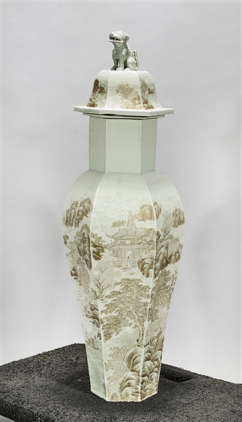 Appraisal: Tall Chinese glazed porcelain hexagonal covered vase with ink-color landscape