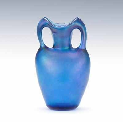 Appraisal: Dominick Labino American - Double handled blue iridescent glass vase