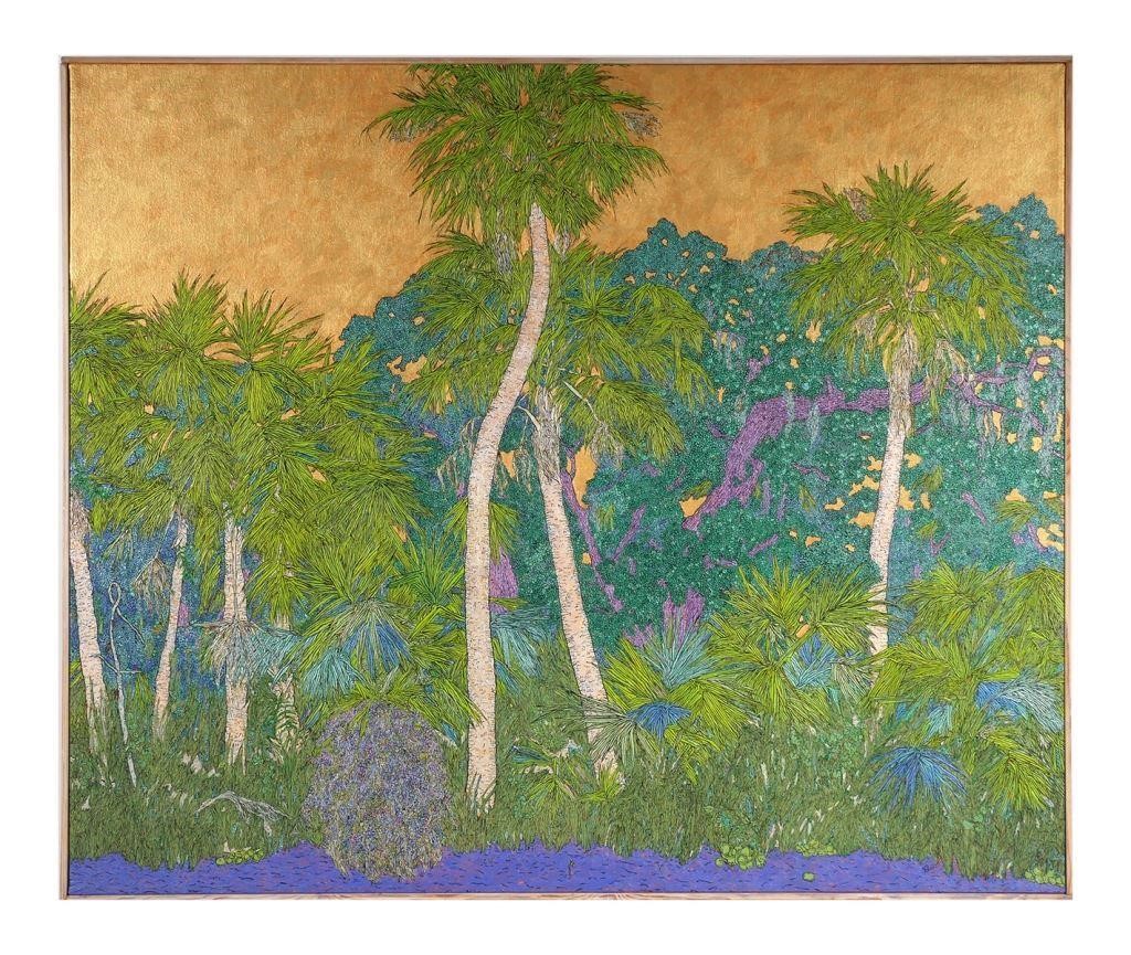 Appraisal: Pen and acrylic tropical landscape on canvas by Susan J