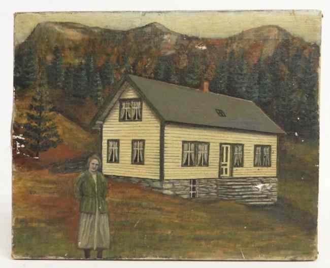 Appraisal: th c oil on canvas woman next to house Unframed