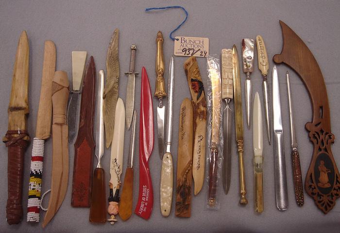 Appraisal: Lot of vintage letter openers Including inlaid wood leather wrapped