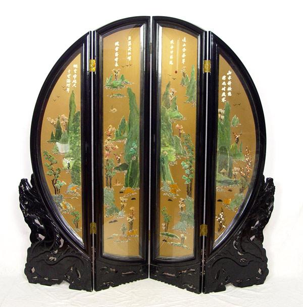 Appraisal: ROUNDED CHINESE LACQUER SCREEN Black lacquered panel Asian folding screen