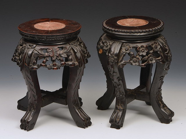 Appraisal: A PAIR OF CHINESE HARDWOOD AND MARBLE TABLE TOP STANDS