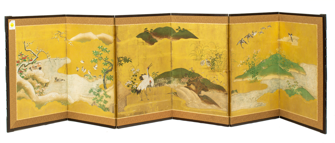 Appraisal: JAPANESE SIX-PANEL FOLDING SCREEN Japanese six-panel folding screen painted on