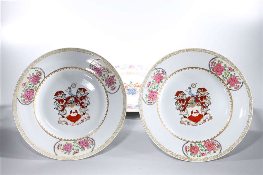 Appraisal: Three Chinese glazed porcelain chargers with Western themed central heraldic-type