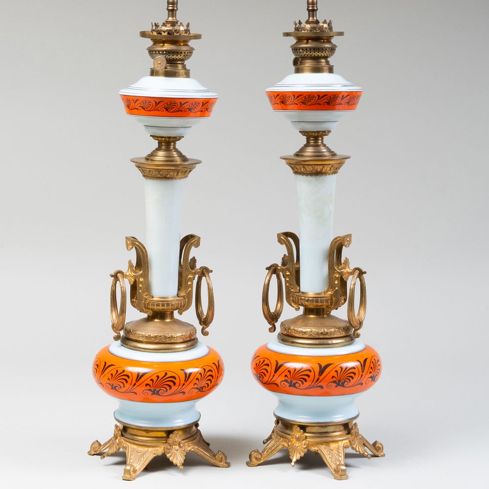 Appraisal: Pair of French Gilt-Metal-Mounted Enameled Opaline Glass Lamps x in