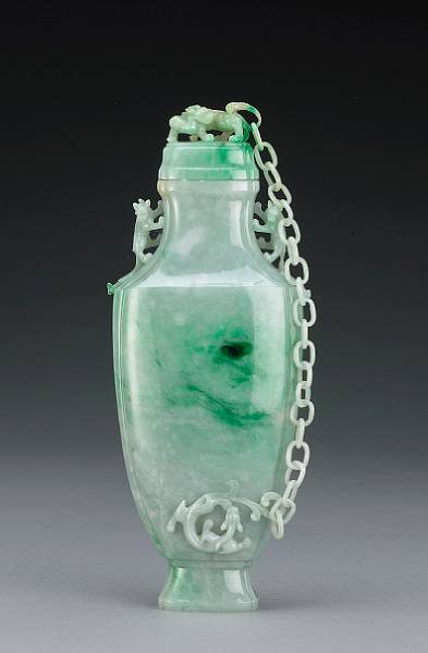 Appraisal: A mottled green jadeite covered vase Republic Period Of flattened