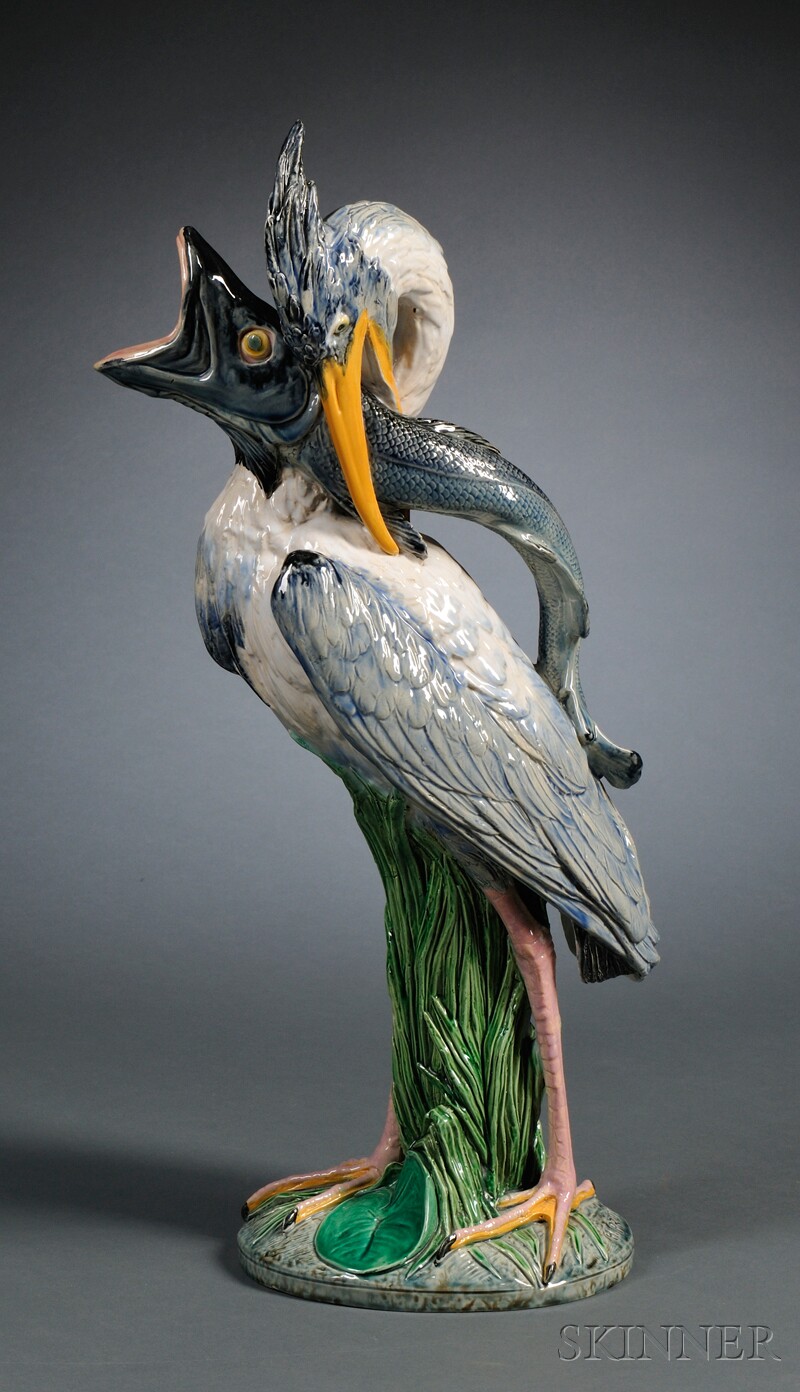 Appraisal: Minton Majolica Heron and Fish Ewer England date cipher for