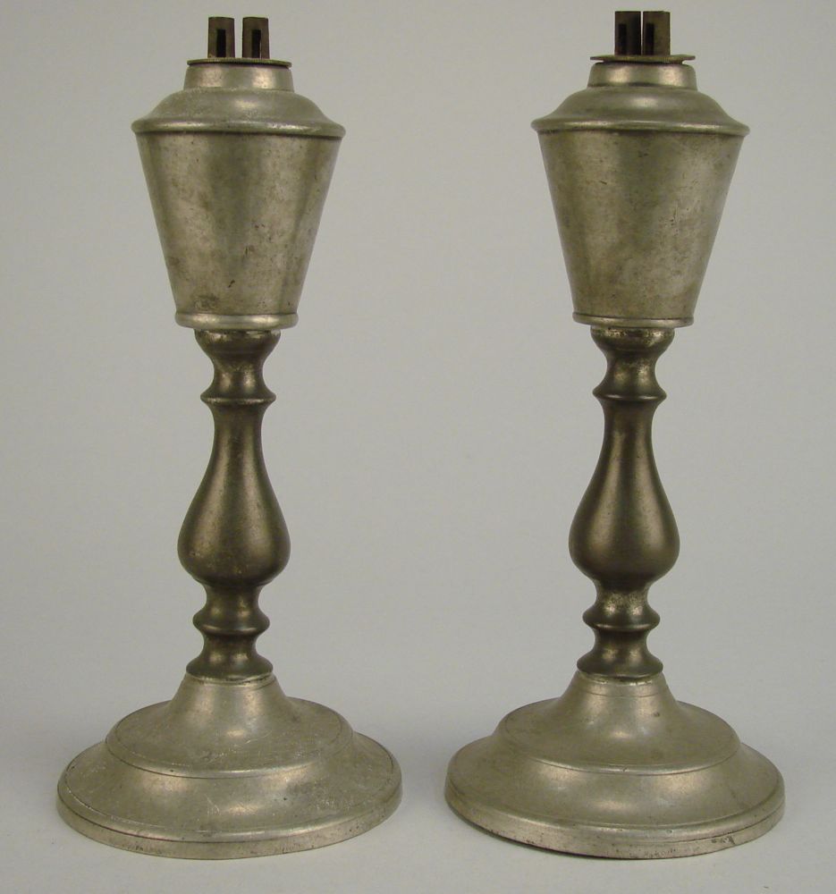 Appraisal: PAIR OF PEWTER WHALE OIL LAMPS American Second Quarter of