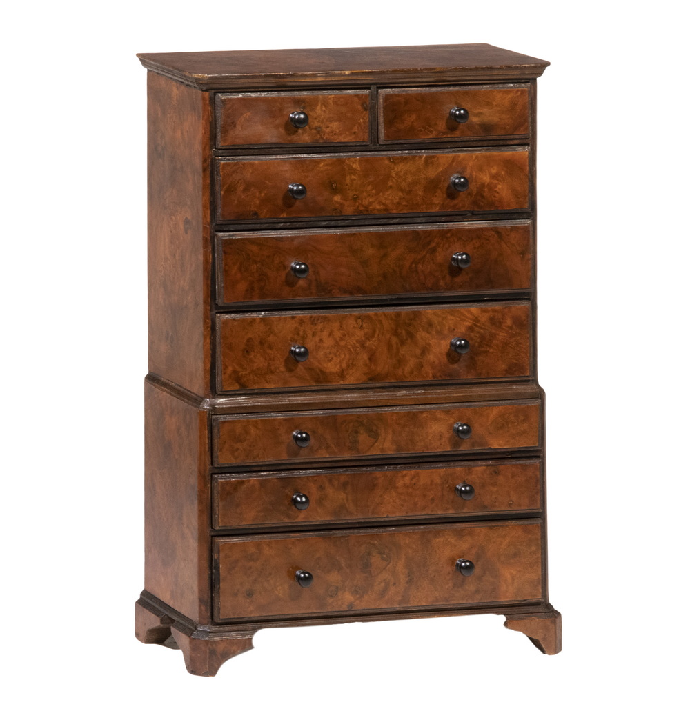 Appraisal: MINIATURE WALNUT CHEST-ON-CHEST Finely Crafted Burl Walnut Veneered -Drawer Chest