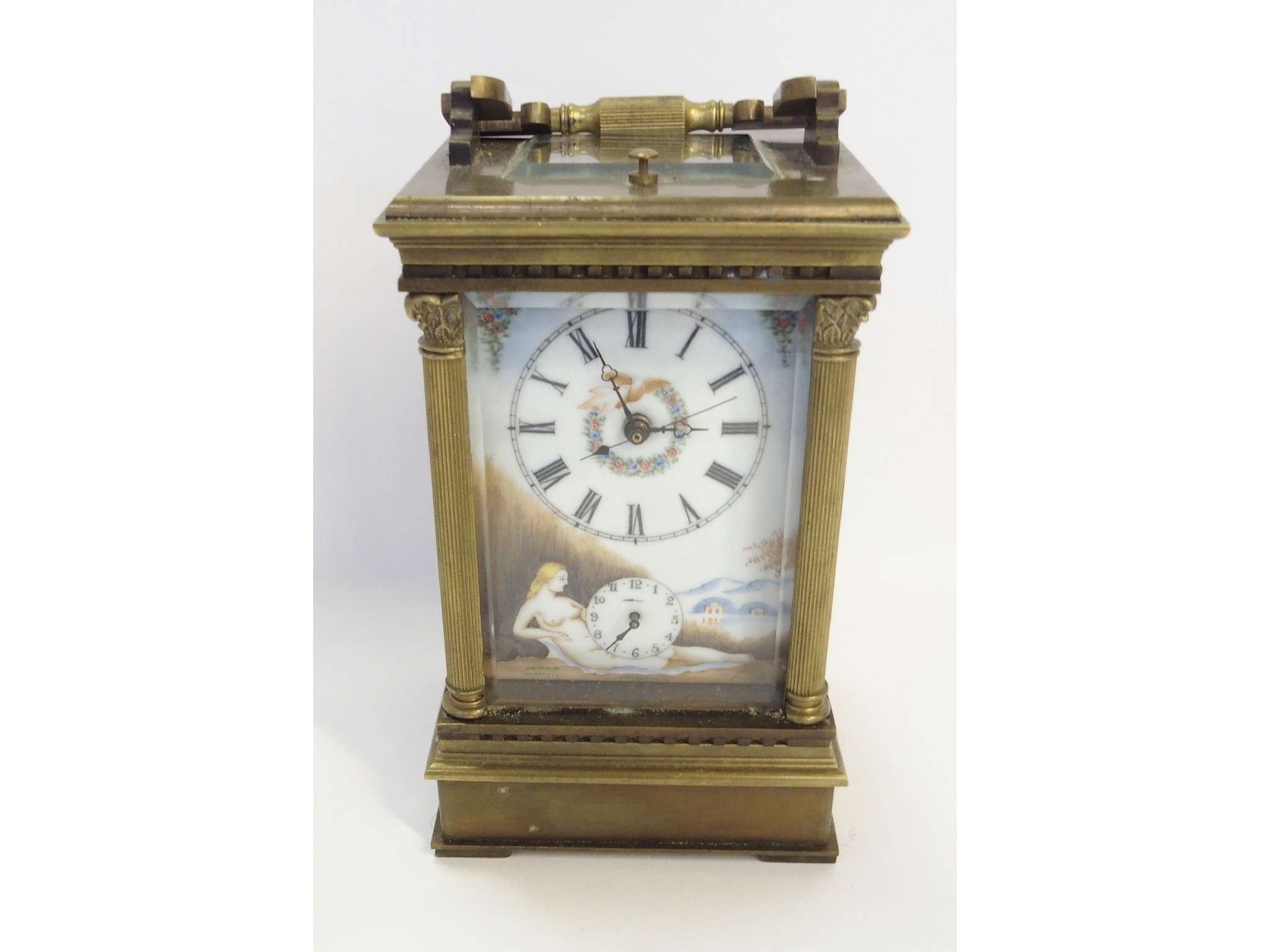 Appraisal: French brass repeater mantle clock with painted enamel plaques depicting