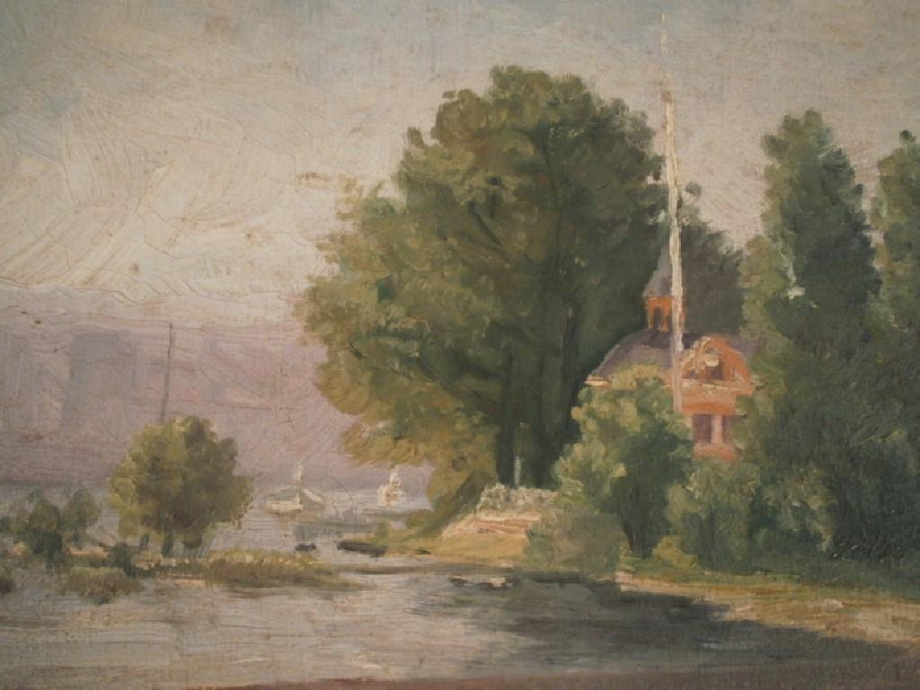 Appraisal: G Hulert River scene oil on canvas signed and dated