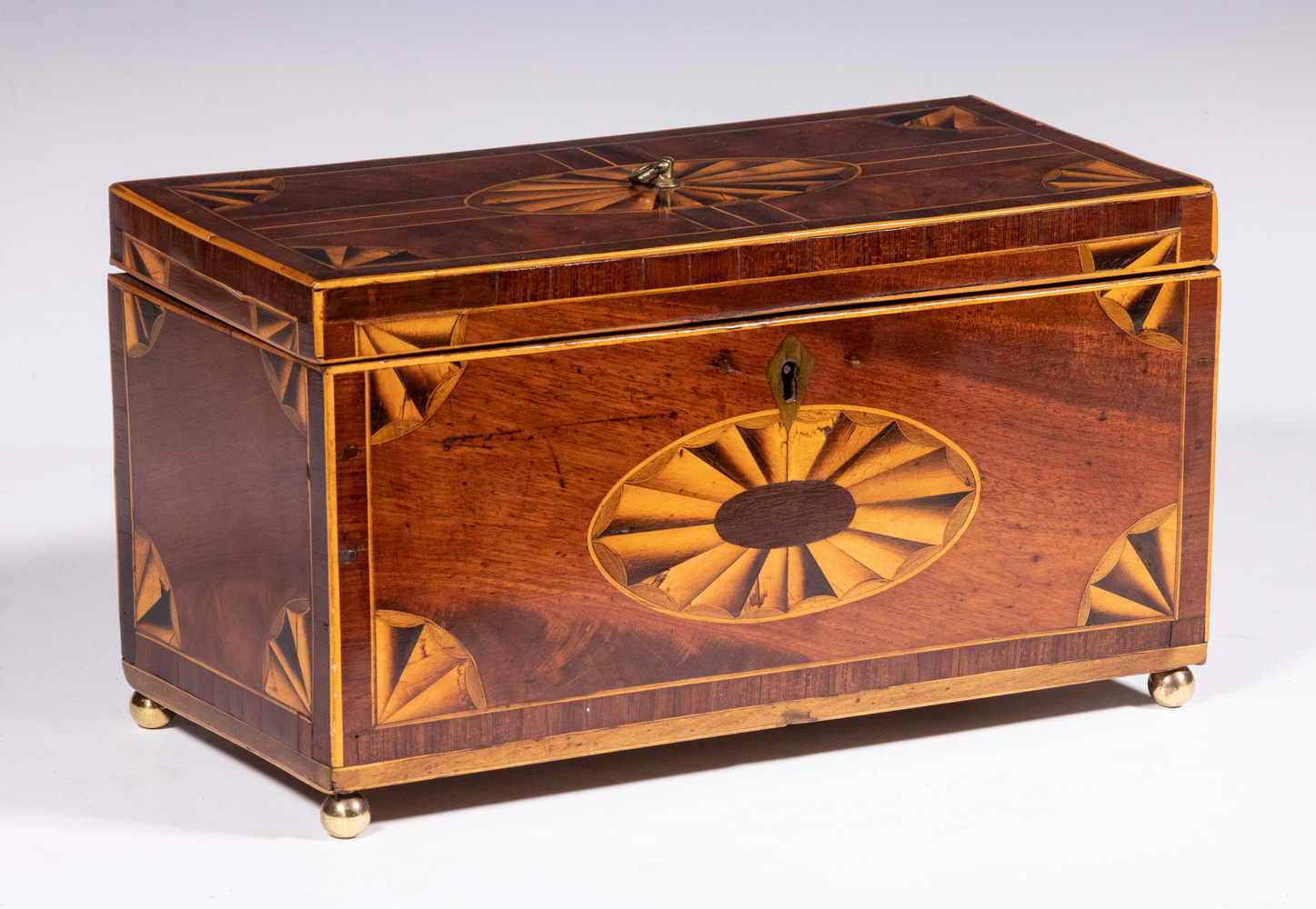 Appraisal: ENGLISH INLAID TEA CADDY th c English Mahogany Triple Compartment