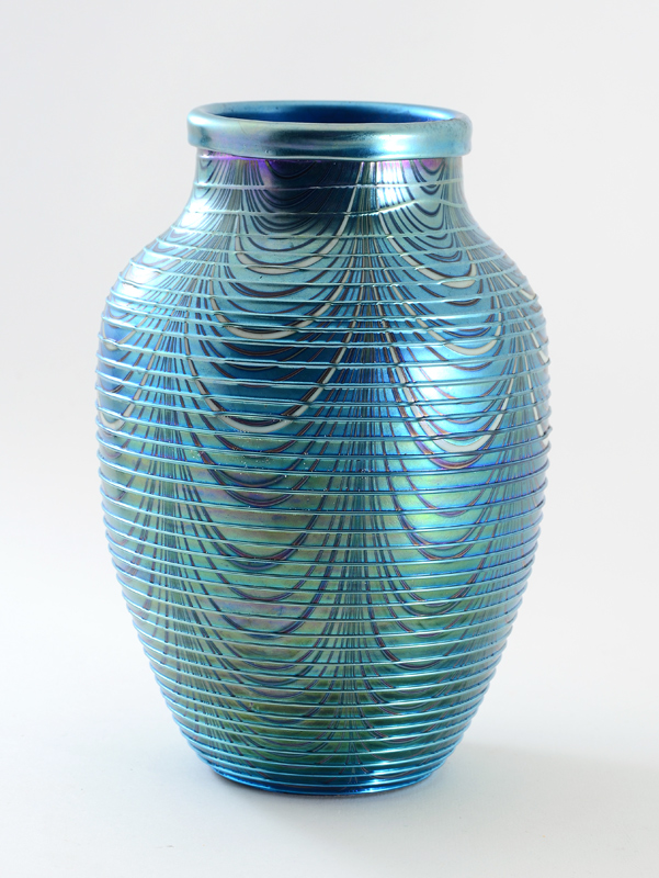 Appraisal: ORIENT FLUME IRIDESCENT THREADED ART GLASS VASE Iridescent blue glass