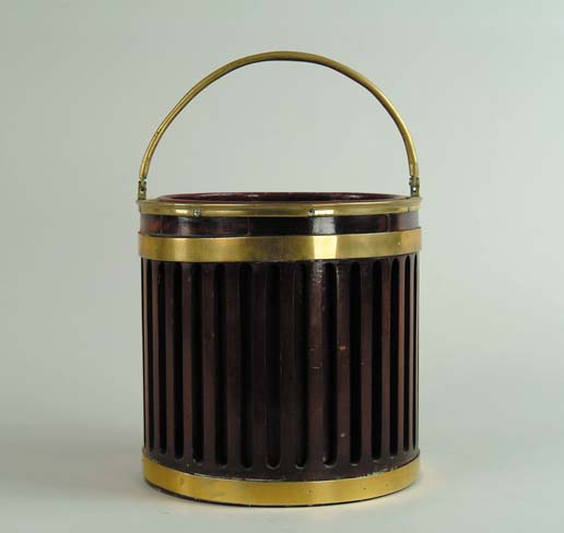 Appraisal: ENGLISH BRASS BOUND MAHOGANY PLATE PAIL Cylindrical form with pierced