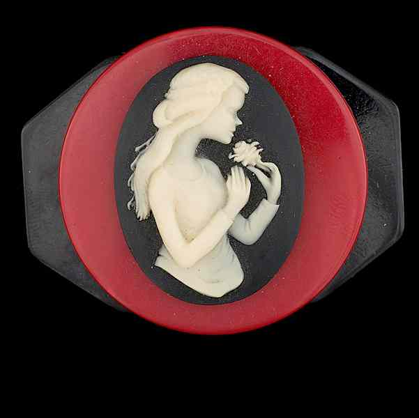 Appraisal: Bakelite Cameo A unique Bakelite brooch with a cameo relief