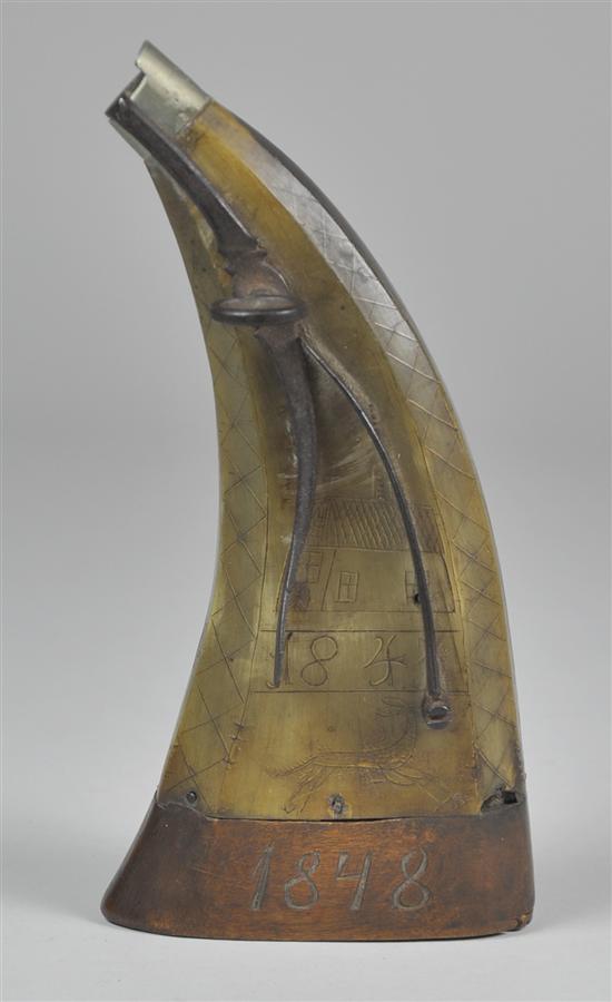 Appraisal: th Century Powder Horn British Scrimshawed with deer monogram and