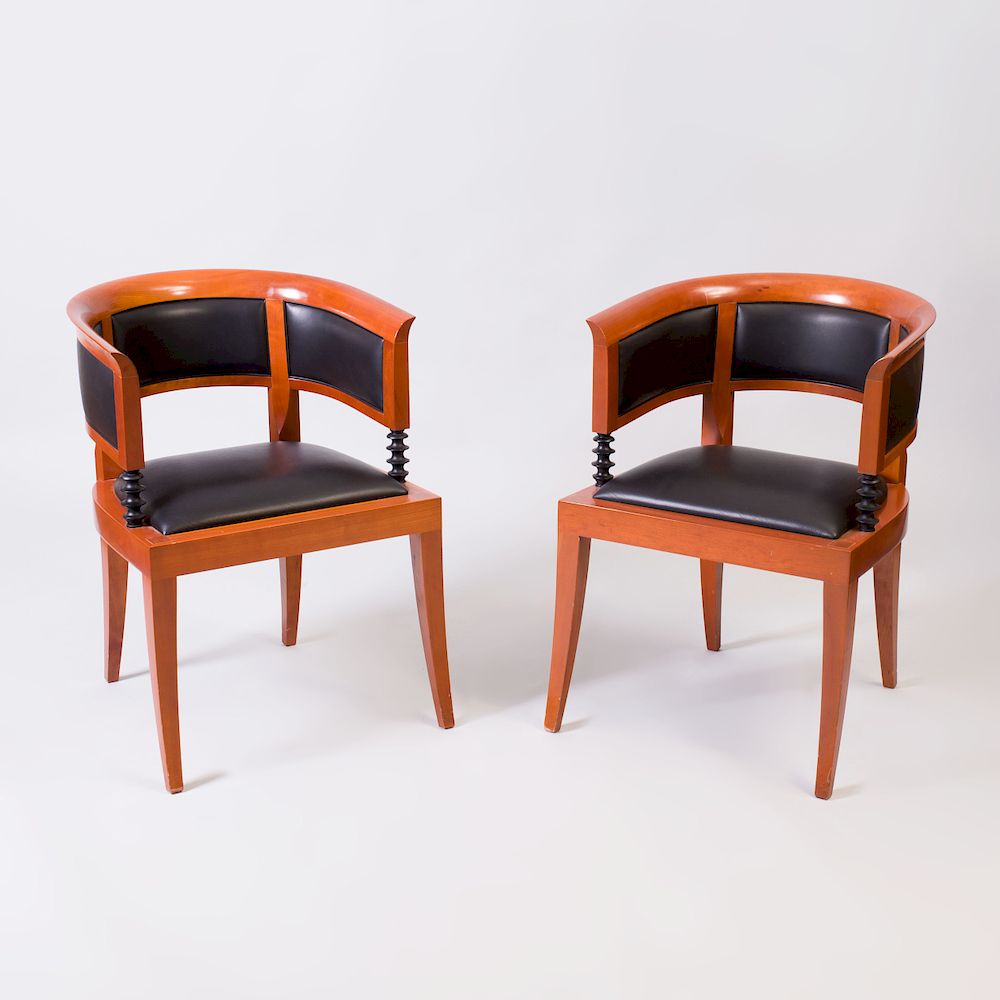 Appraisal: Pair of Leon Krier Cherry and Leather Upholstered Armchairs for