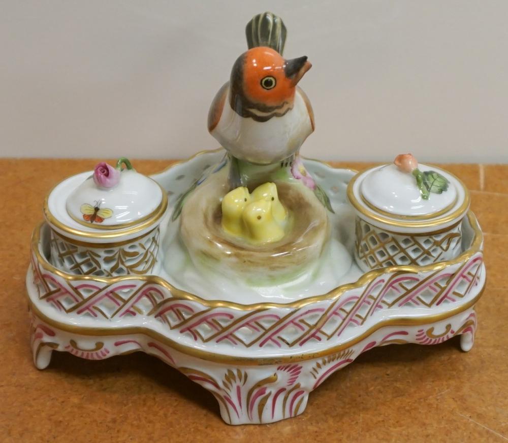 Appraisal: Herend Rothschild Robin and Chicks Porcelain Double Inkwell H in