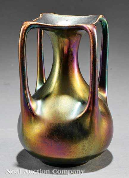 Appraisal: An Art Nouveau Four-Handled Ceramic Vase with Green Eosin Glaze