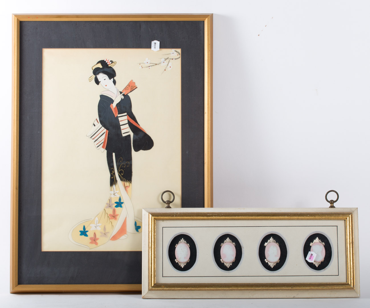 Appraisal: Two framed items including oriental image of Geisha and four