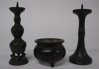 Appraisal: Chinese bronze three-piece miniature altar garniture th th century