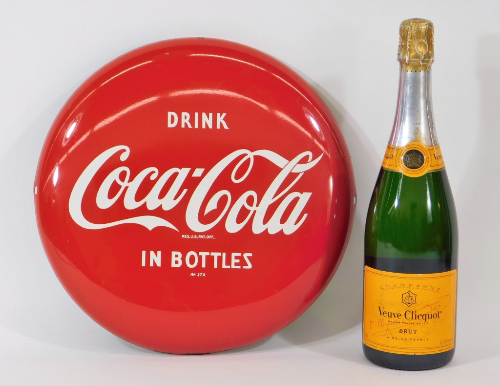 Appraisal: DRINK COCA-COLA IN BOTTLES BUTTON ADVERTISING SIGN United States th