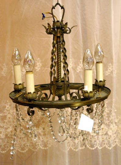 Appraisal: American Gilded Wrought-Iron and Cut Glass Annular Five-Light Chandelier in