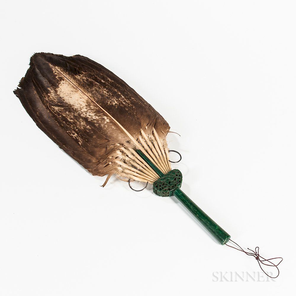 Appraisal: Feather Fan with Faux Malachite Handle Feather Fan with Faux