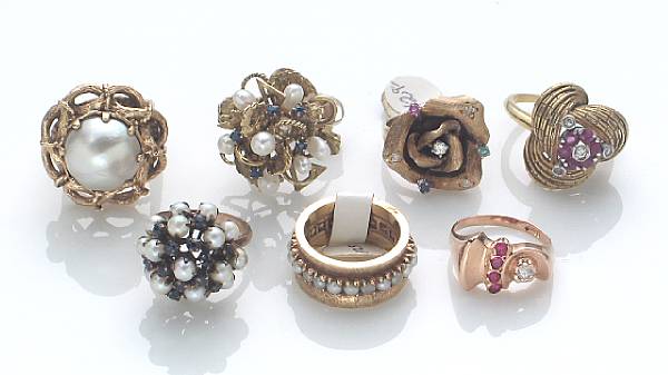 Appraisal: A collection of seven diamond pearl gem-set gold and metal