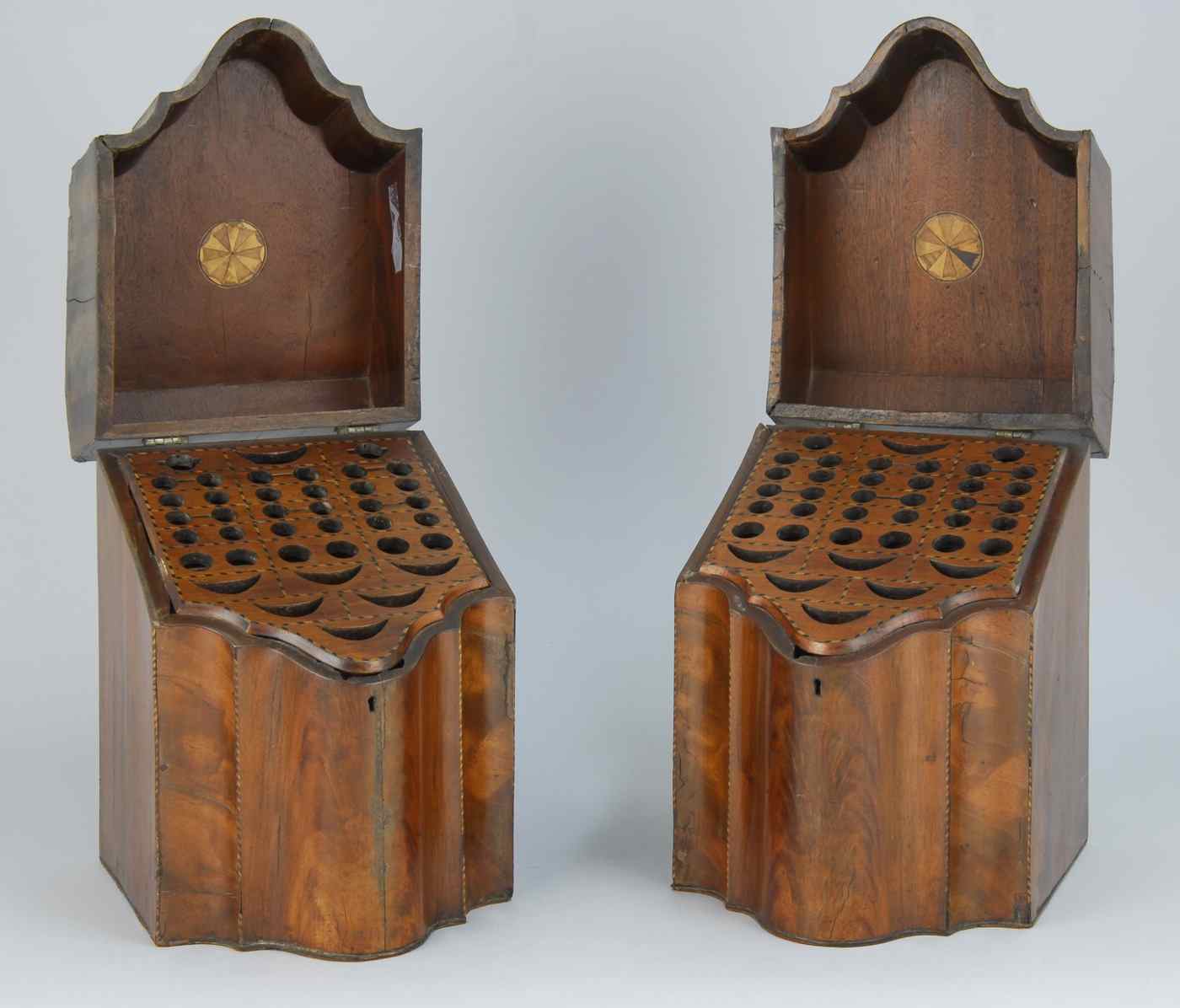 Appraisal: PAIR OF ANTIQUE AMERICAN HEPPLEWHITE SERPENTINE-FRONT KNIFE BOXES th CenturyIn