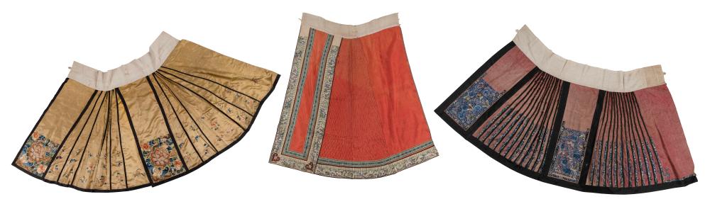 Appraisal: THREE CHINESE EMBROIDERED SILK SKIRTS TH- TH CENTURYTHREE CHINESE EMBROIDERED