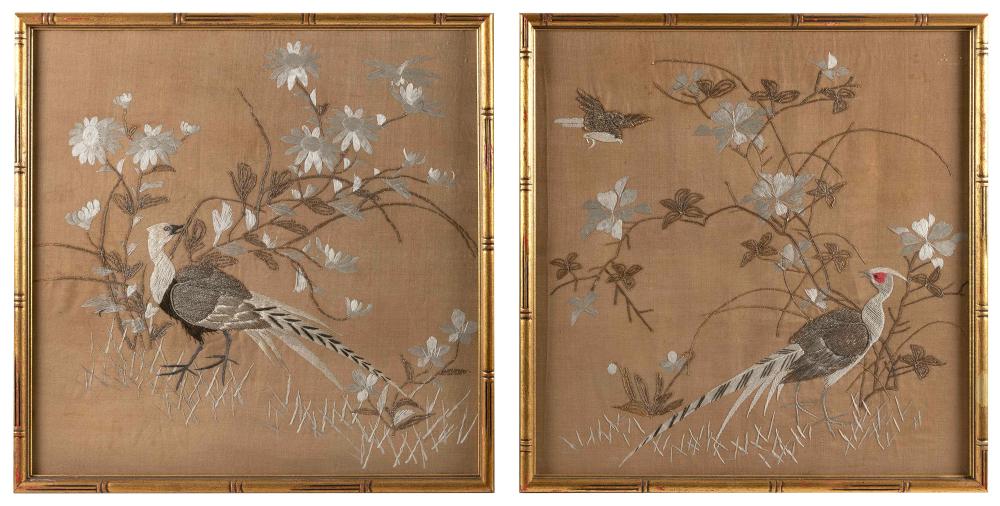 Appraisal: PAIR OF CHINESE SILK NEEDLEWORKS EARLY TH CENTURY X FRAMED