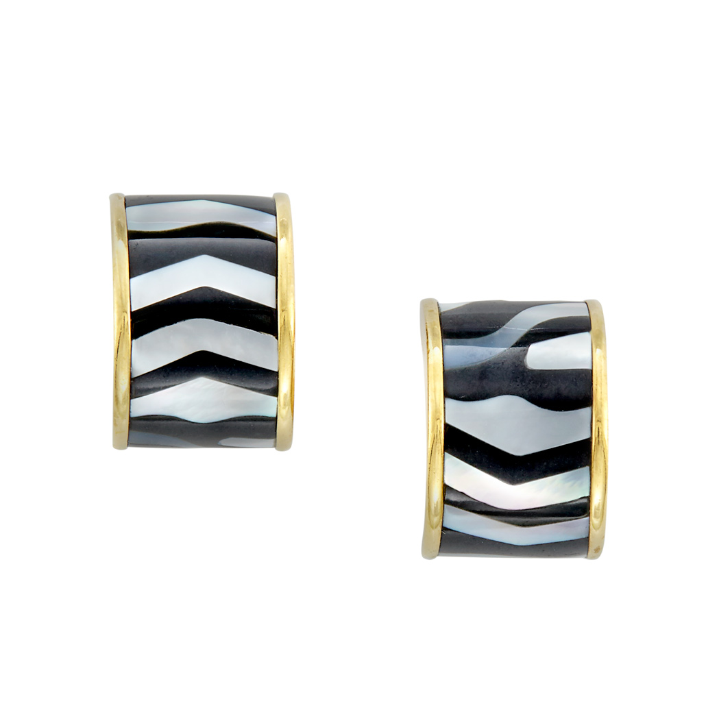 Appraisal: Pair of Gold Inlaid Mother-of-Pearl and Black Onyx Hoop Earrings