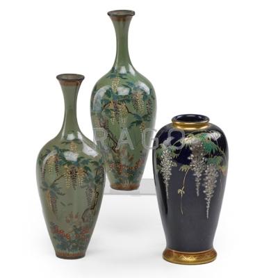 Appraisal: PAIR OF JAPANESE KYOTO CLOISONNE VASES Fine floral and vine